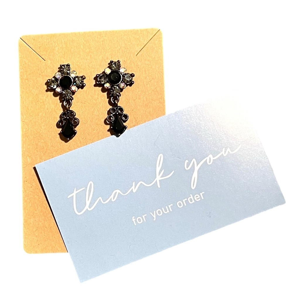 Black & Smokey Rhinestone Drop Cross Earrings - Picture 3 of 3